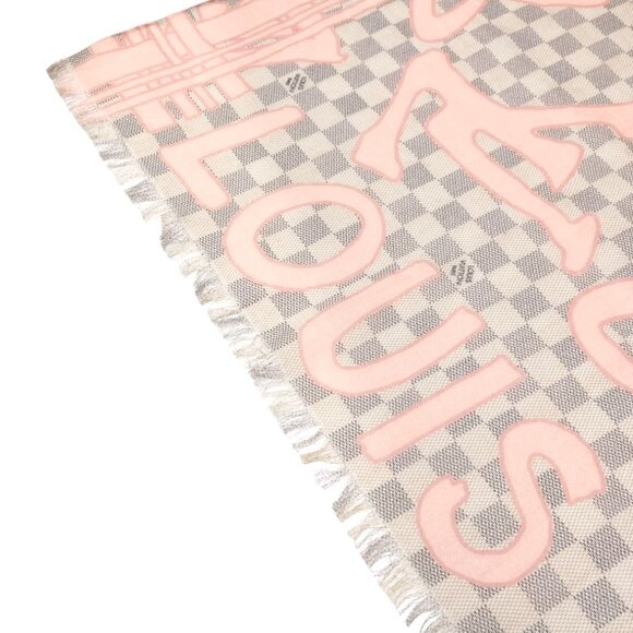 LOUIS VUITTON Vintage Damier Azur Tahitienne Logo Scarf Wrap Pink Gray [105046] - Picture 7 of 11